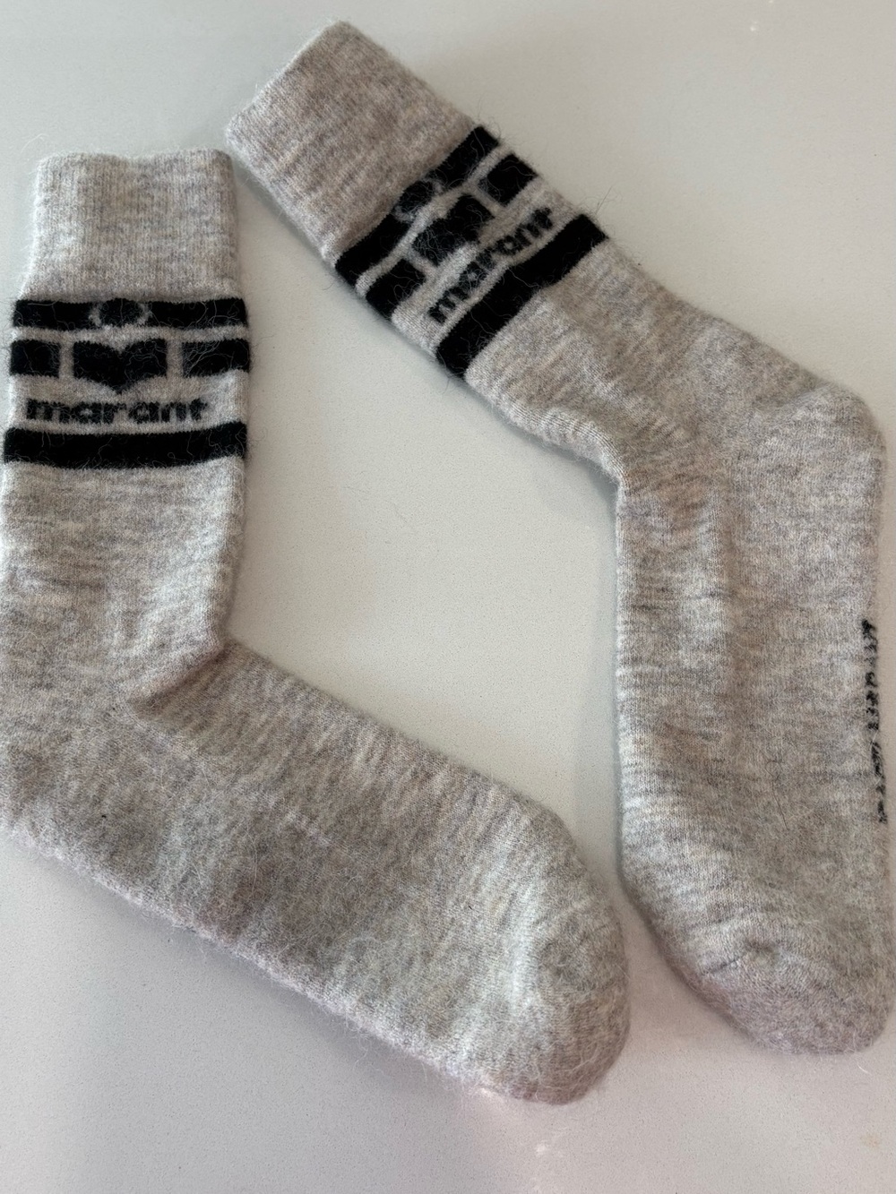 Isabel Marant Grey Crew Socks with Black Logo Stripes